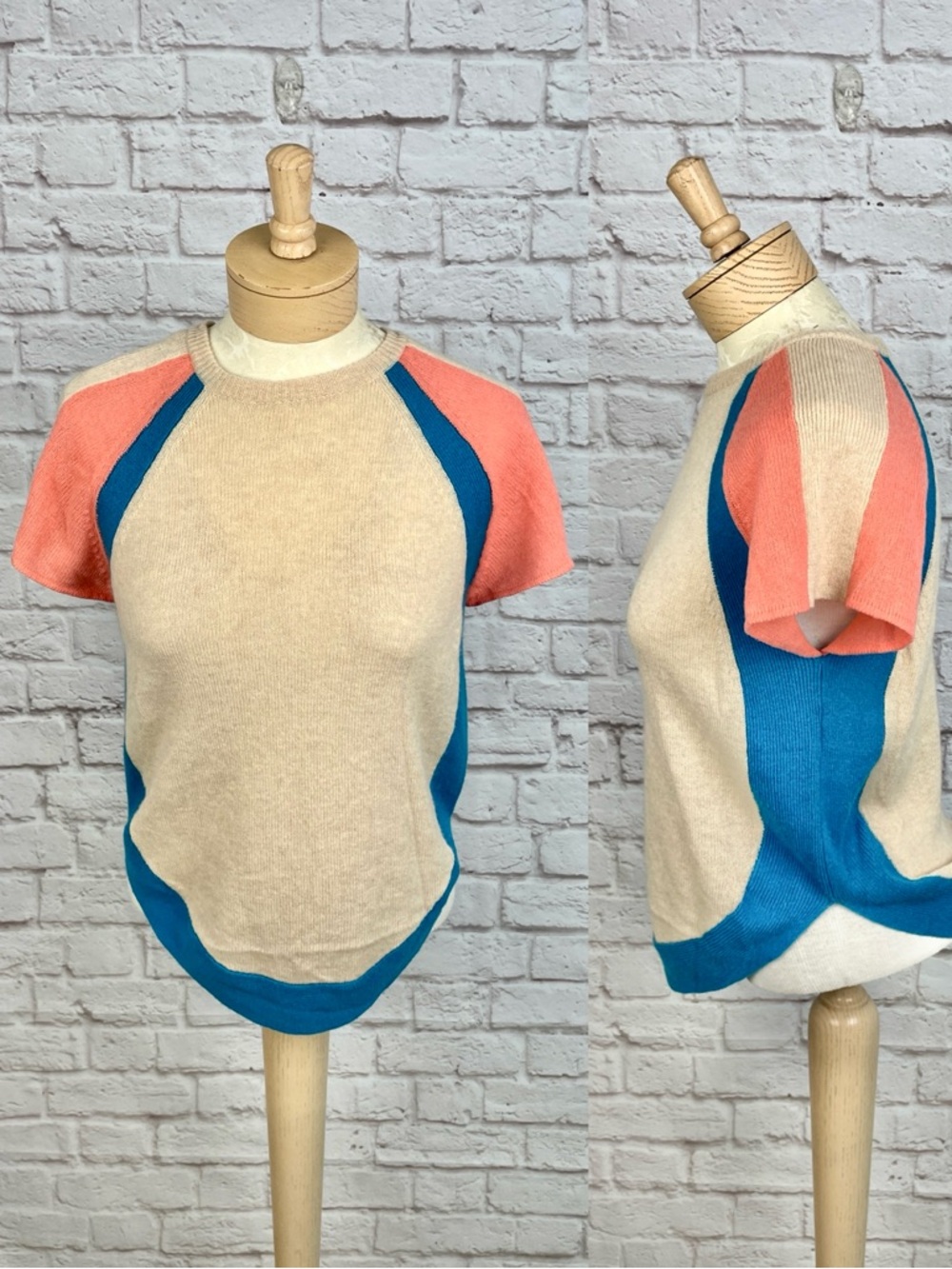 Tsumori Chisato‎ Colorblock Retro Knitted Raglan Short Sleeve Sweater Size 2